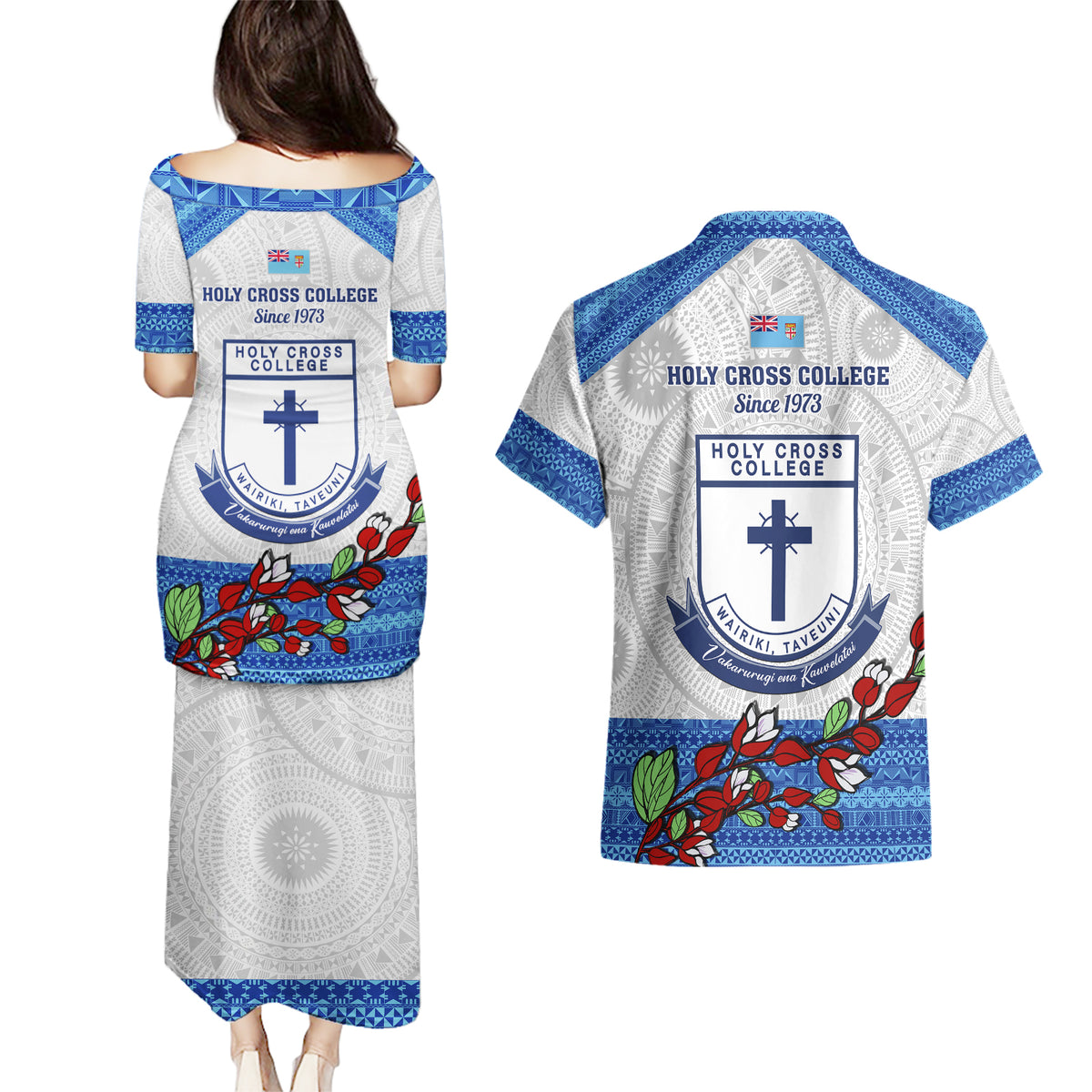 Fiji Holy Cross College Couples Matching Puletasi Dress and Hawaiian Shirt Happy 50th Anniversary Fijian Tagimoucia Tapa Pattern - Wonder Print Shop
