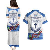 Fiji Holy Cross College Couples Matching Puletasi Dress and Hawaiian Shirt Happy 50th Anniversary Fijian Tagimoucia Tapa Pattern - Wonder Print Shop