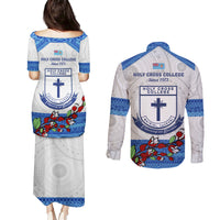 Fiji Holy Cross College Couples Matching Puletasi Dress and Long Sleeve Button Shirts Happy 50th Anniversary Fijian Tagimoucia Tapa Pattern - Wonder Print Shop