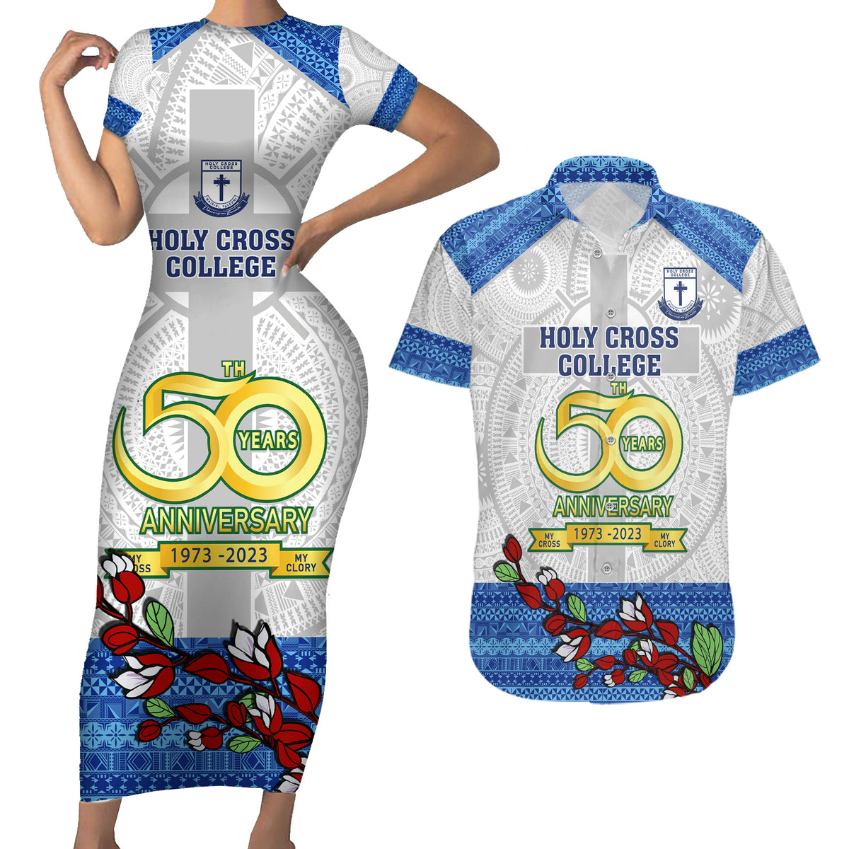 Fiji Holy Cross College Couples Matching Short Sleeve Bodycon Dress and Hawaiian Shirt Happy 50th Anniversary Fijian Tagimoucia Tapa Pattern - Wonder Print Shop
