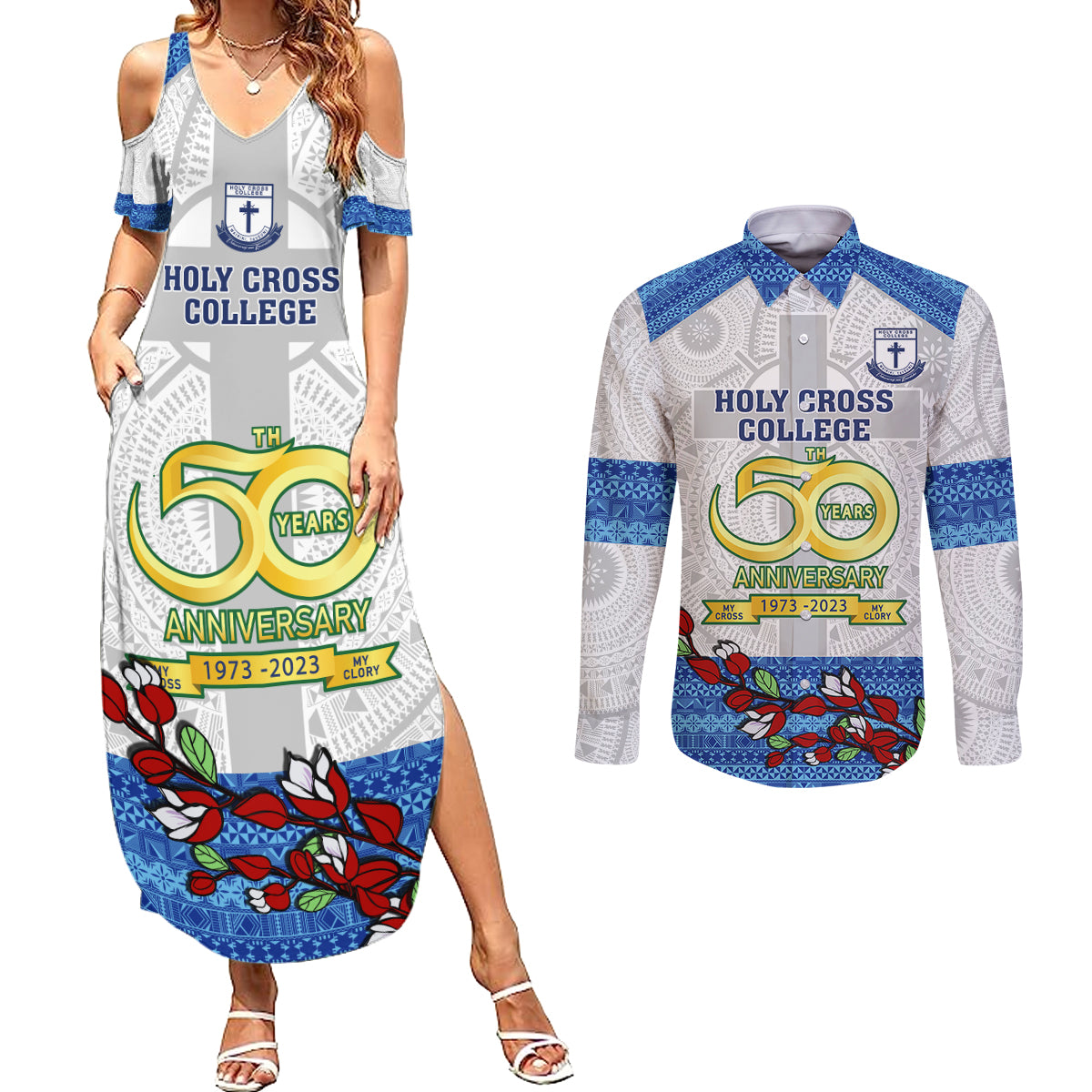 Fiji Holy Cross College Couples Matching Summer Maxi Dress and Long Sleeve Button Shirts Happy 50th Anniversary Fijian Tagimoucia Tapa Pattern - Wonder Print Shop