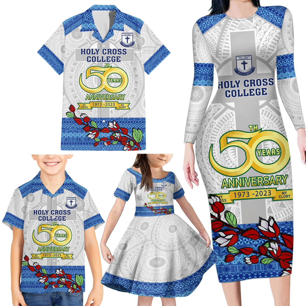 Fiji Holy Cross College Family Matching Long Sleeve Bodycon Dress and Hawaiian Shirt Happy 50th Anniversary Fijian Tagimoucia Tapa Pattern - Wonder Print Shop