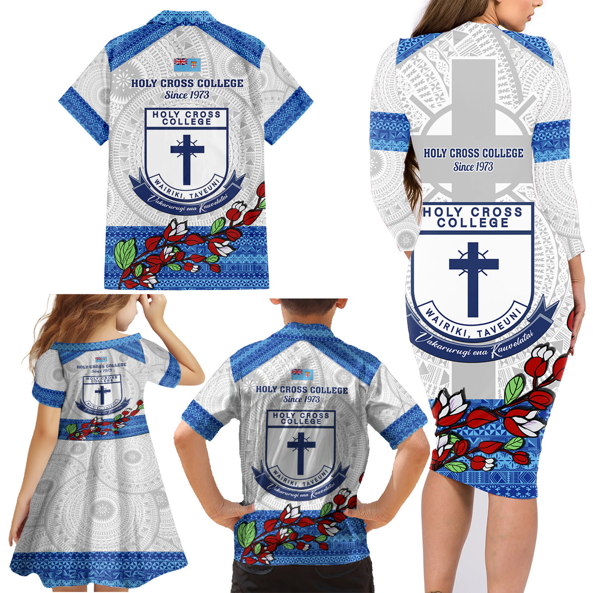 Fiji Holy Cross College Family Matching Long Sleeve Bodycon Dress and Hawaiian Shirt Happy 50th Anniversary Fijian Tagimoucia Tapa Pattern - Wonder Print Shop