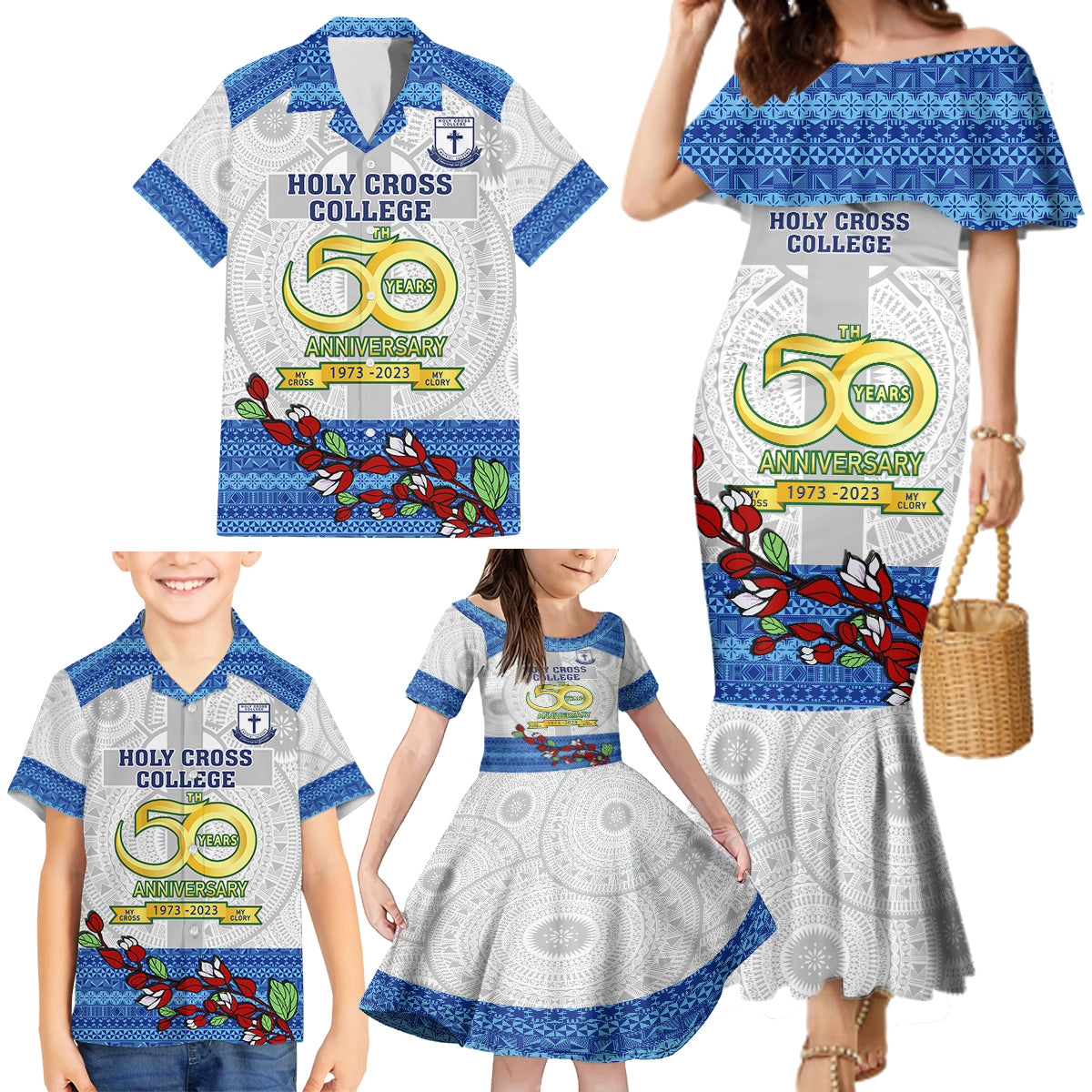 Fiji Holy Cross College Family Matching Mermaid Dress and Hawaiian Shirt Happy 50th Anniversary Fijian Tagimoucia Tapa Pattern - Wonder Print Shop
