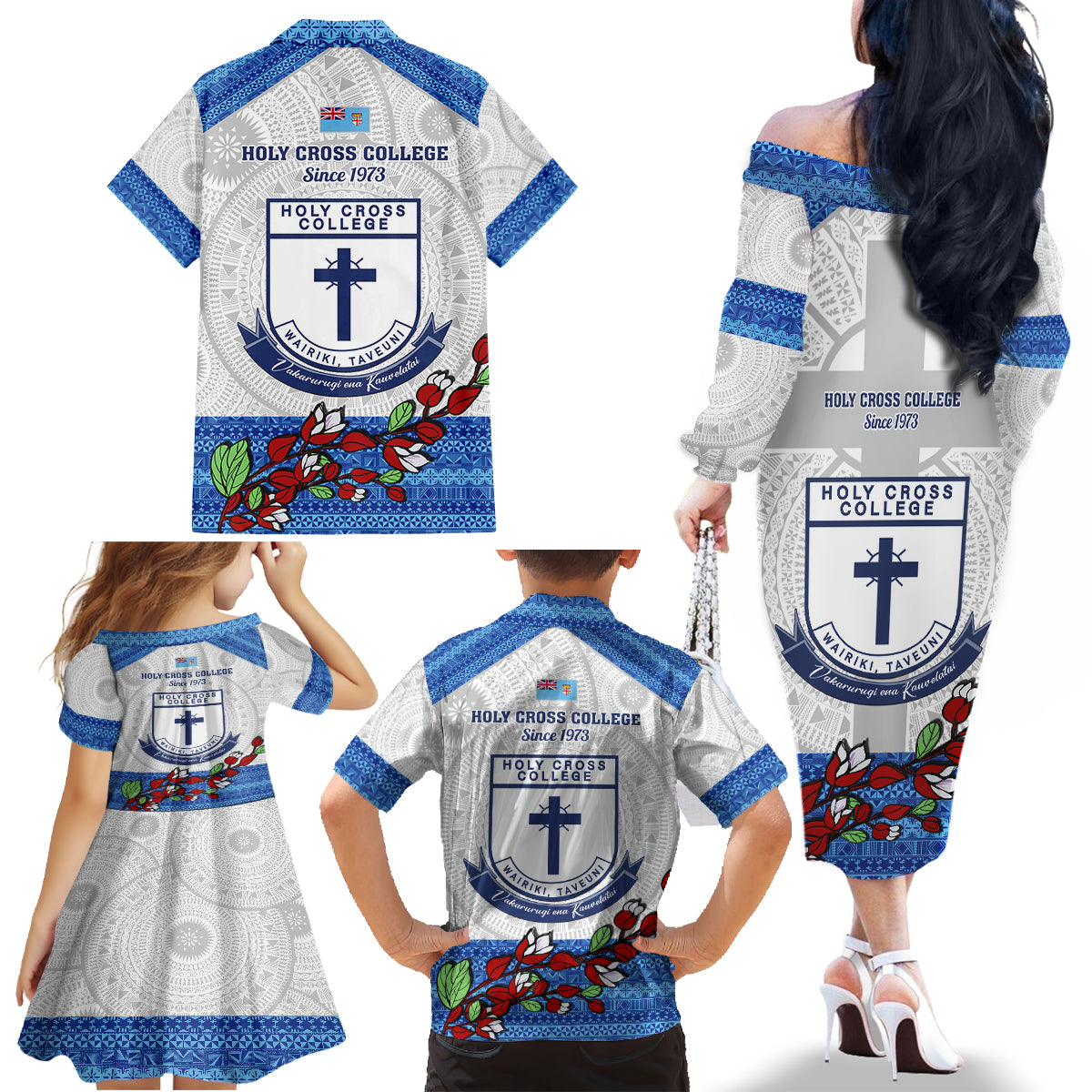 Fiji Holy Cross College Family Matching Off Shoulder Long Sleeve Dress and Hawaiian Shirt Happy 50th Anniversary Fijian Tagimoucia Tapa Pattern - Wonder Print Shop