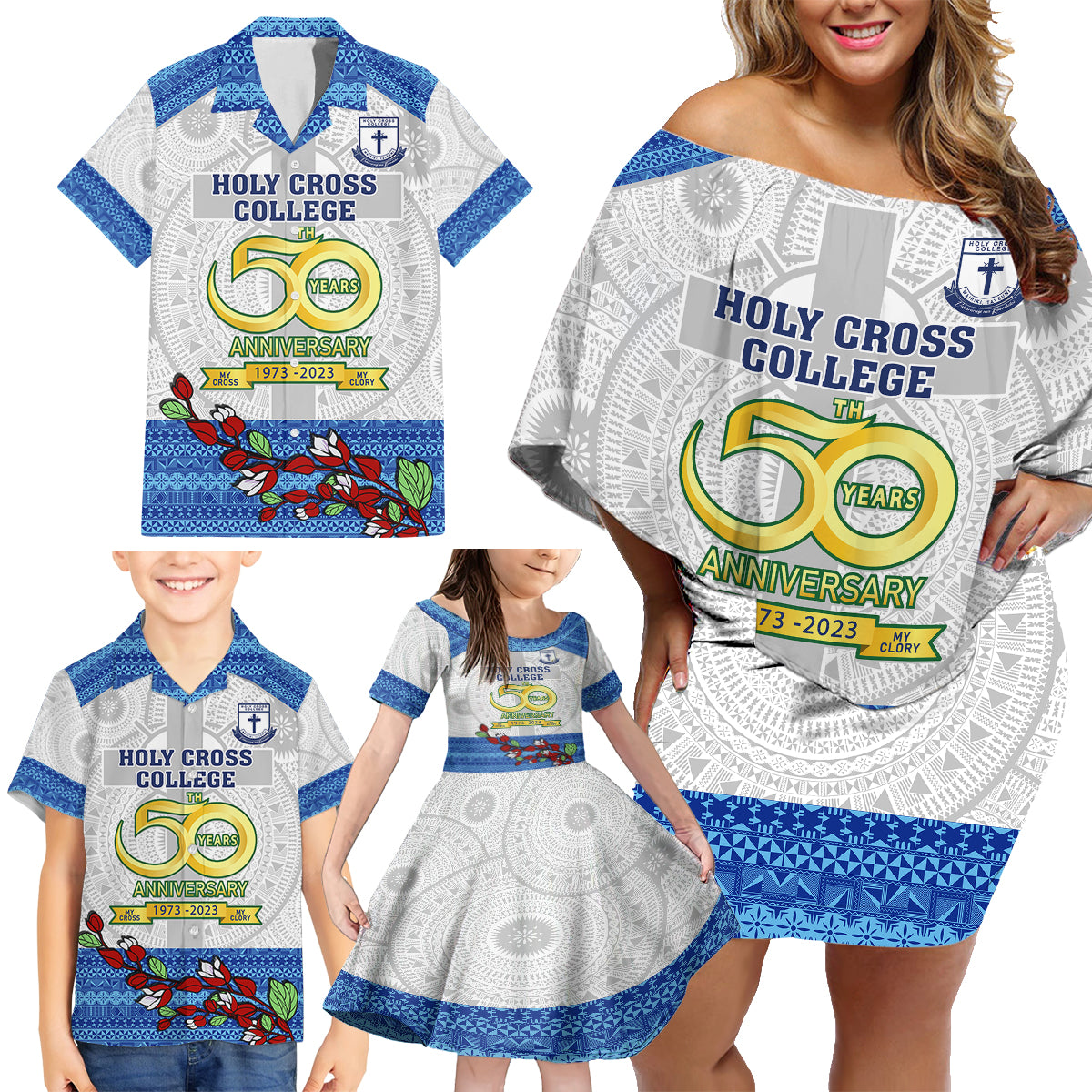Fiji Holy Cross College Family Matching Off Shoulder Short Dress and Hawaiian Shirt Happy 50th Anniversary Fijian Tagimoucia Tapa Pattern - Wonder Print Shop