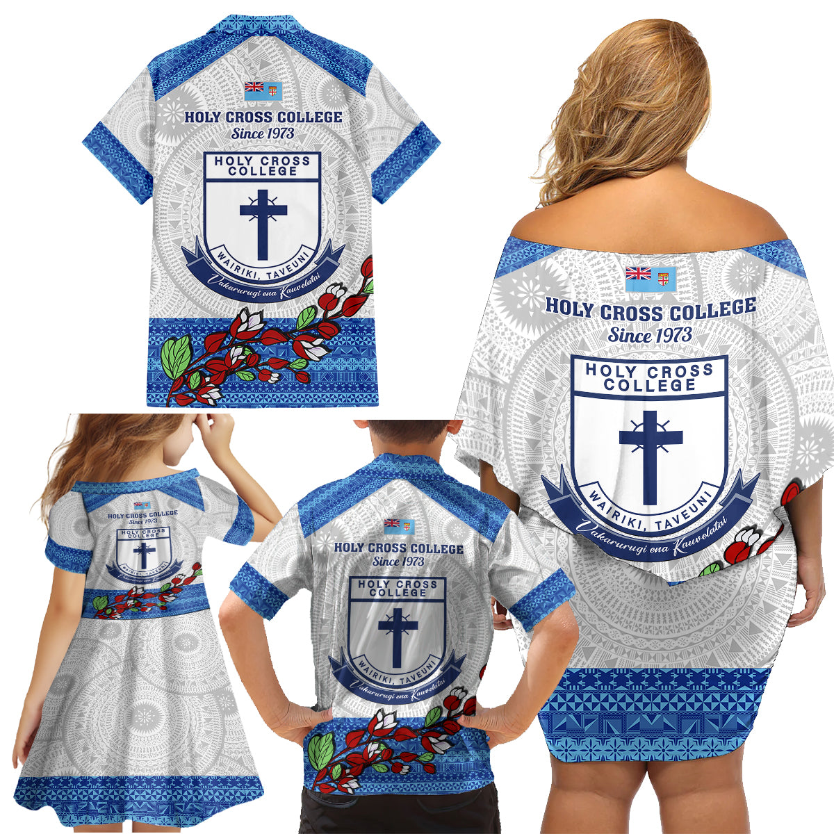 Fiji Holy Cross College Family Matching Off Shoulder Short Dress and Hawaiian Shirt Happy 50th Anniversary Fijian Tagimoucia Tapa Pattern - Wonder Print Shop