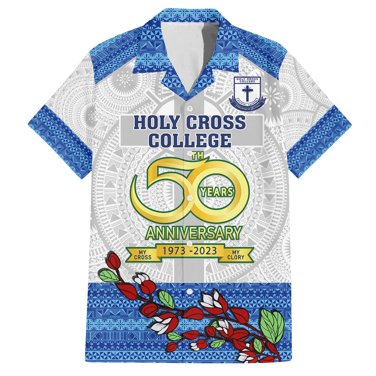 Fiji Holy Cross College Family Matching Off Shoulder Short Dress and Hawaiian Shirt Happy 50th Anniversary Fijian Tagimoucia Tapa Pattern - Wonder Print Shop