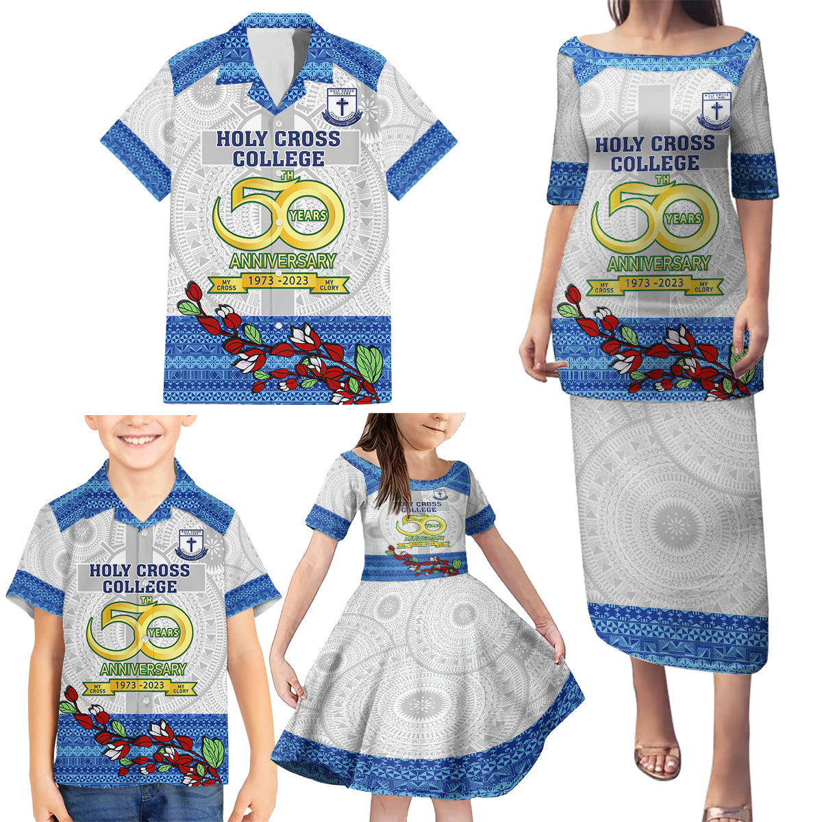 Fiji Holy Cross College Family Matching Puletasi Dress and Hawaiian Shirt Happy 50th Anniversary Fijian Tagimoucia Tapa Pattern - Wonder Print Shop