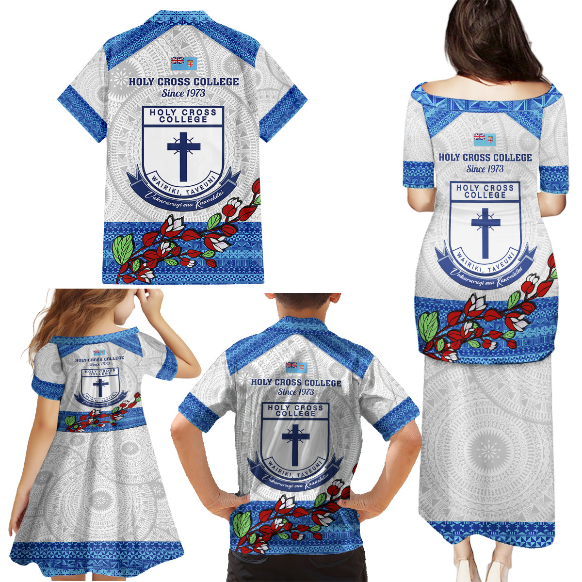 Fiji Holy Cross College Family Matching Puletasi Dress and Hawaiian Shirt Happy 50th Anniversary Fijian Tagimoucia Tapa Pattern - Wonder Print Shop