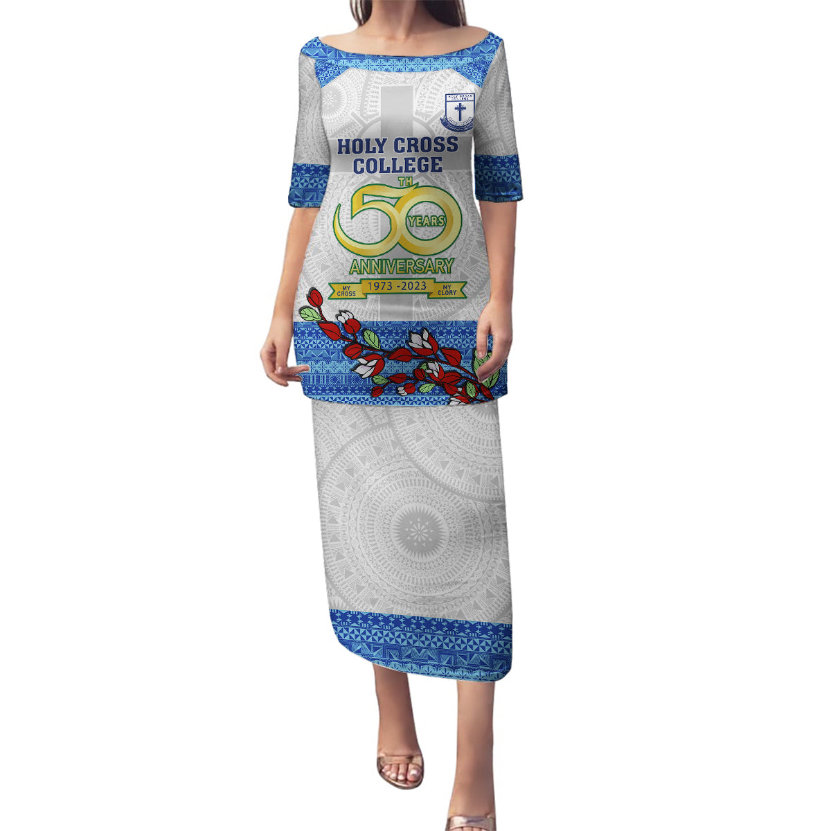 Fiji Holy Cross College Family Matching Puletasi Dress and Hawaiian Shirt Happy 50th Anniversary Fijian Tagimoucia Tapa Pattern - Wonder Print Shop