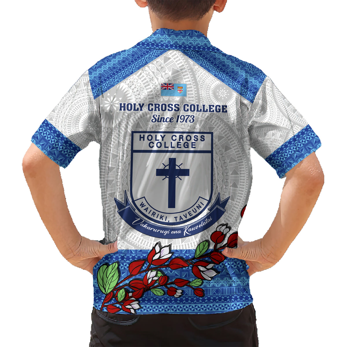 Fiji Holy Cross College Family Matching Short Sleeve Bodycon Dress and Hawaiian Shirt Happy 50th Anniversary Fijian Tagimoucia Tapa Pattern - Wonder Print Shop
