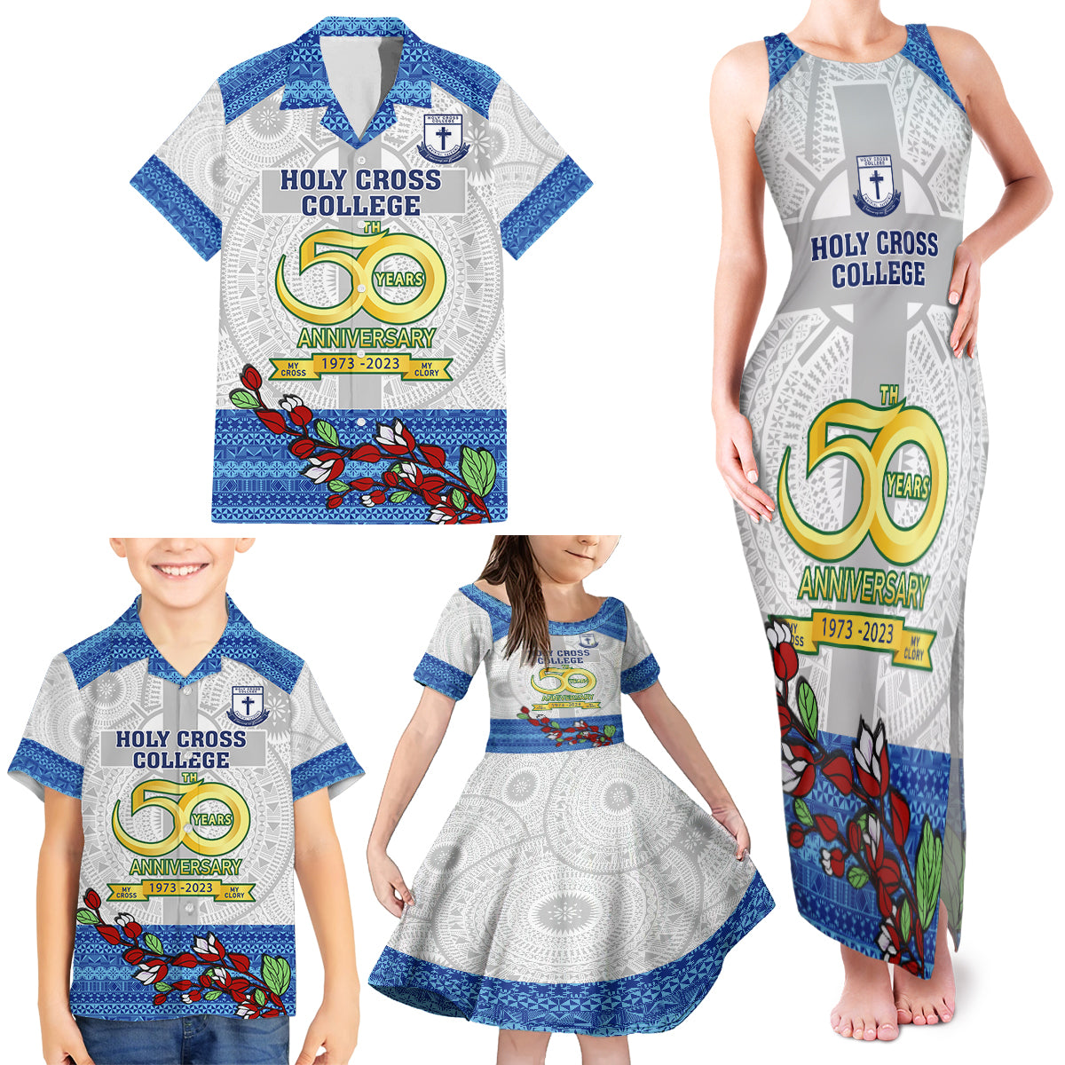 Fiji Holy Cross College Family Matching Tank Maxi Dress and Hawaiian Shirt Happy 50th Anniversary Fijian Tagimoucia Tapa Pattern - Wonder Print Shop