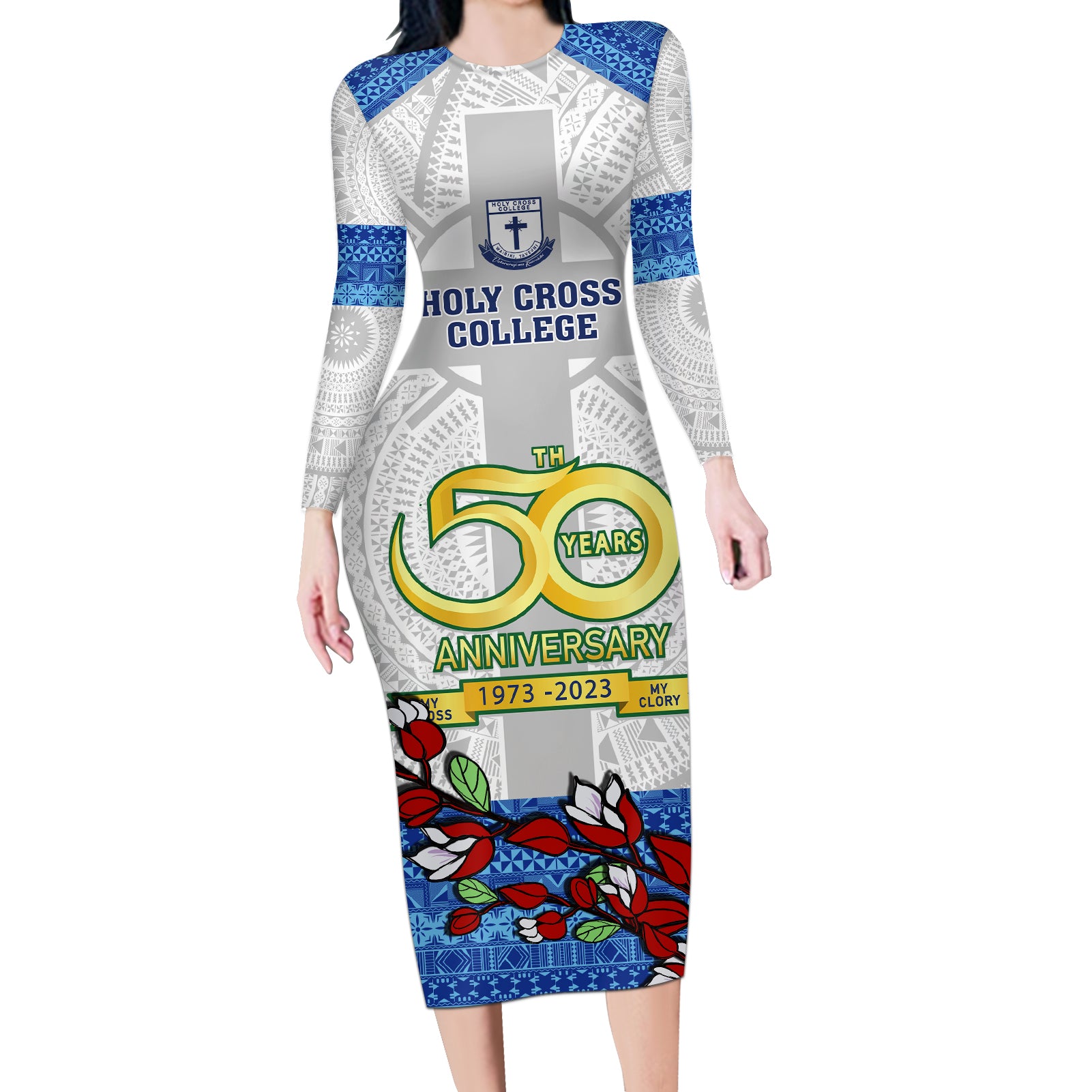 Fiji Holy Cross College Long Sleeve Bodycon Dress Happy 50th Anniversary Fijian Tagimoucia Tapa Pattern - Wonder Print Shop