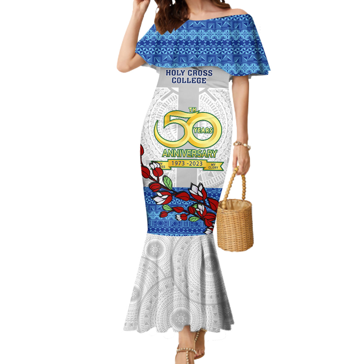 Fiji Holy Cross College Mermaid Dress Happy 50th Anniversary Fijian Tagimoucia Tapa Pattern - Wonder Print Shop