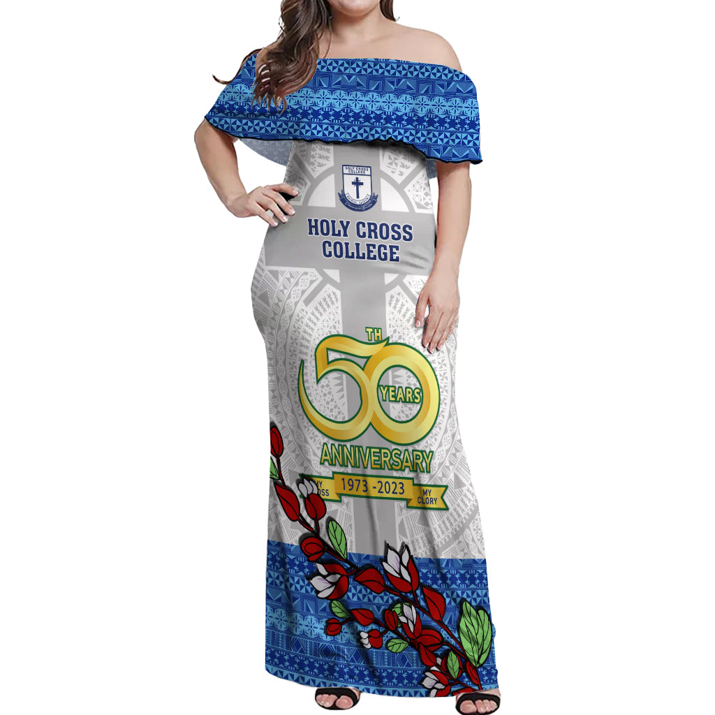 Fiji Holy Cross College Off Shoulder Maxi Dress Happy 50th Anniversary Fijian Tagimoucia Tapa Pattern - Wonder Print Shop
