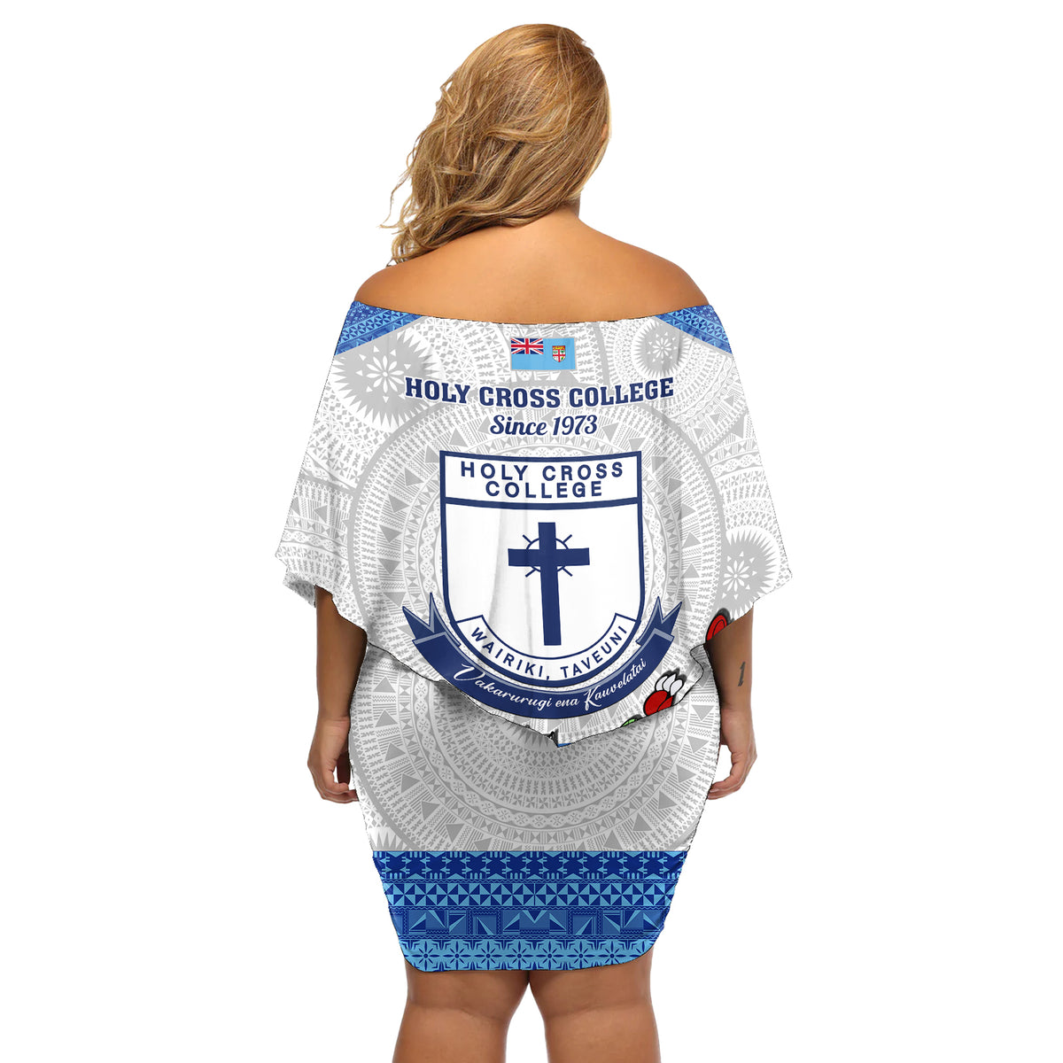 Fiji Holy Cross College Off Shoulder Short Dress Happy 50th Anniversary Fijian Tagimoucia Tapa Pattern - Wonder Print Shop