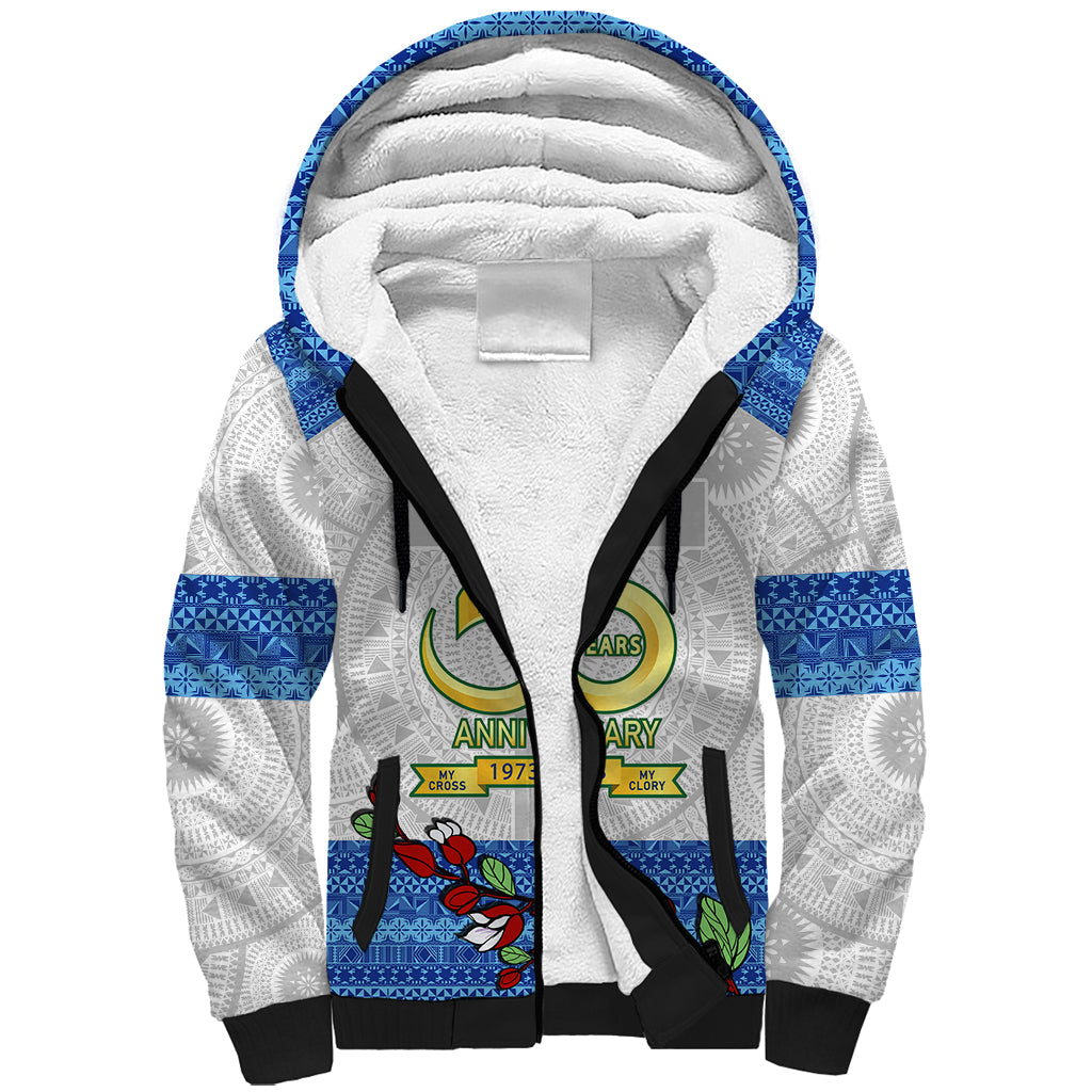 Fiji Holy Cross College Sherpa Hoodie Happy 50th Anniversary Fijian Tagimoucia Tapa Pattern - Wonder Print Shop