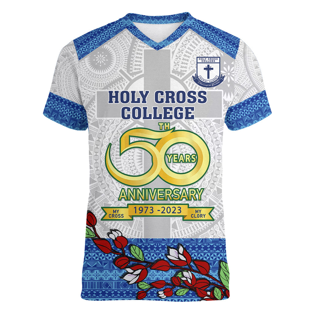 Fiji Holy Cross College Women V Neck T Shirt Happy 50th Anniversary Fijian Tagimoucia Tapa Pattern - Wonder Print Shop