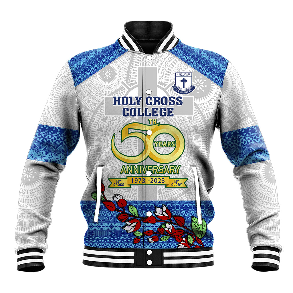 Personalised Fiji Holy Cross College Baseball Jacket Happy 50th Anniversary Fijian Tagimoucia Tapa Pattern - Wonder Print Shop