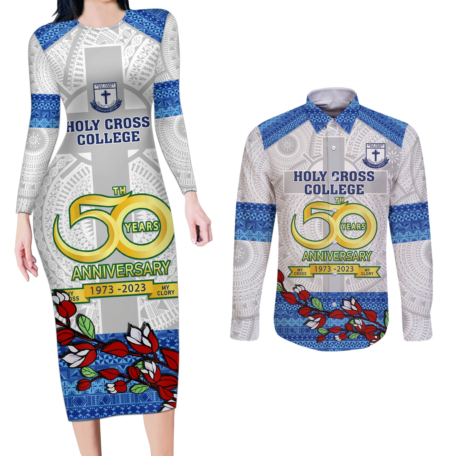 Personalised Fiji Holy Cross College Couples Matching Long Sleeve Bodycon Dress and Long Sleeve Button Shirts Happy 50th Anniversary Fijian Tagimoucia Tapa Pattern - Wonder Print Shop