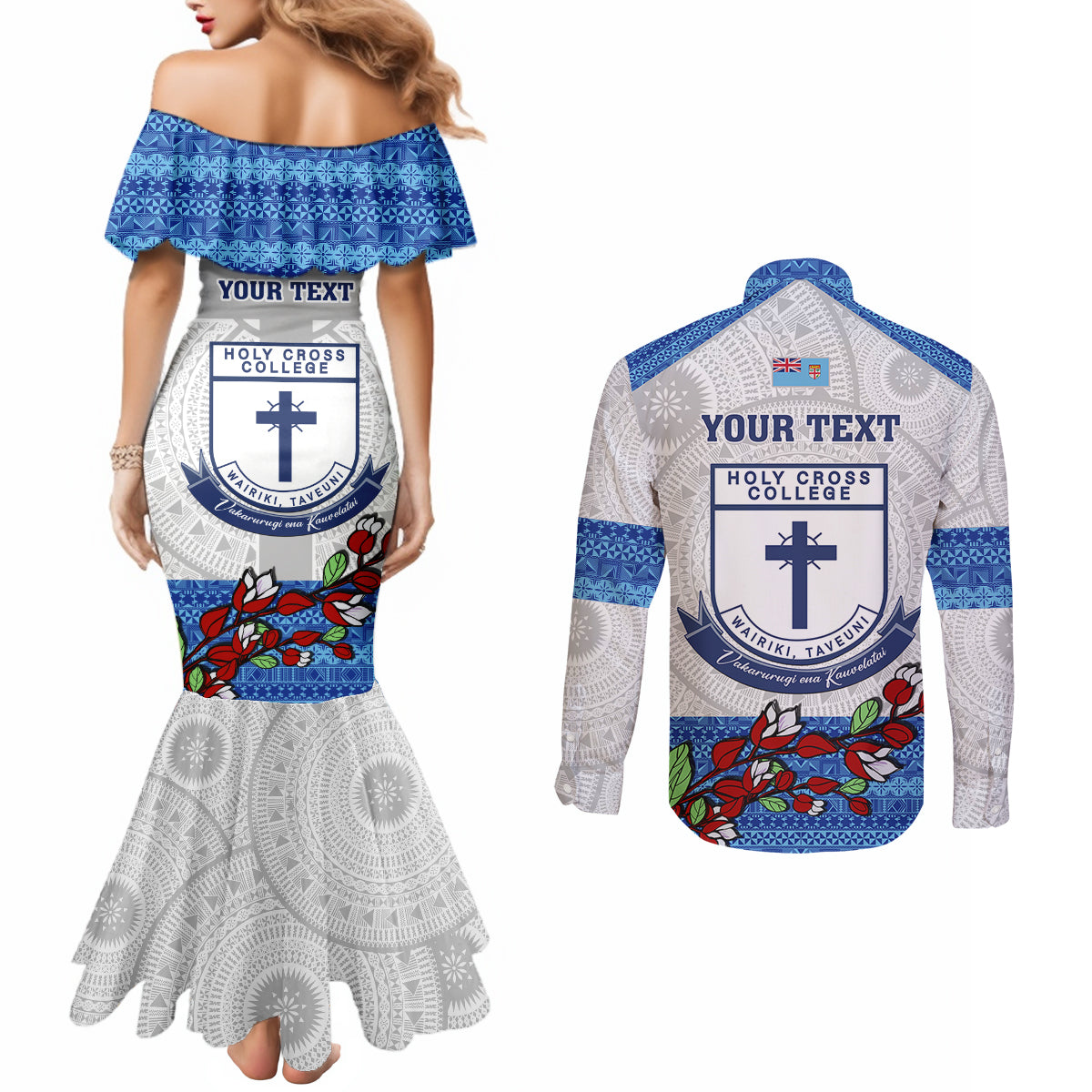 personalised-fiji-holy-cross-college-couples-matching-mermaid-dress-and-long-sleeve-button-shirts-happy-50th-anniversary-fijian-tagimoucia-tapa-pattern
