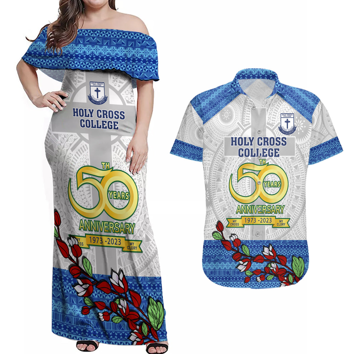 Personalised Fiji Holy Cross College Couples Matching Off Shoulder Maxi Dress and Hawaiian Shirt Happy 50th Anniversary Fijian Tagimoucia Tapa Pattern - Wonder Print Shop