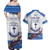 Personalised Fiji Holy Cross College Couples Matching Off Shoulder Maxi Dress and Hawaiian Shirt Happy 50th Anniversary Fijian Tagimoucia Tapa Pattern - Wonder Print Shop