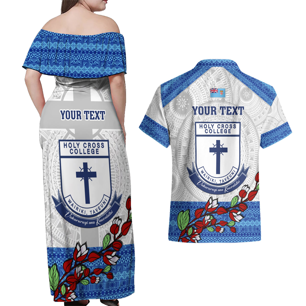 Personalised Fiji Holy Cross College Couples Matching Off Shoulder Maxi Dress and Hawaiian Shirt Happy 50th Anniversary Fijian Tagimoucia Tapa Pattern - Wonder Print Shop