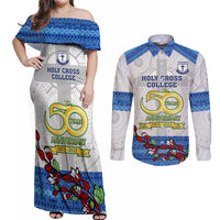 Personalised Fiji Holy Cross College Couples Matching Off Shoulder Maxi Dress and Long Sleeve Button Shirts Happy 50th Anniversary Fijian Tagimoucia Tapa Pattern - Wonder Print Shop