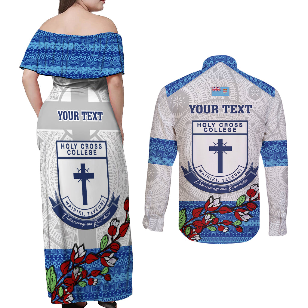 Personalised Fiji Holy Cross College Couples Matching Off Shoulder Maxi Dress and Long Sleeve Button Shirts Happy 50th Anniversary Fijian Tagimoucia Tapa Pattern - Wonder Print Shop