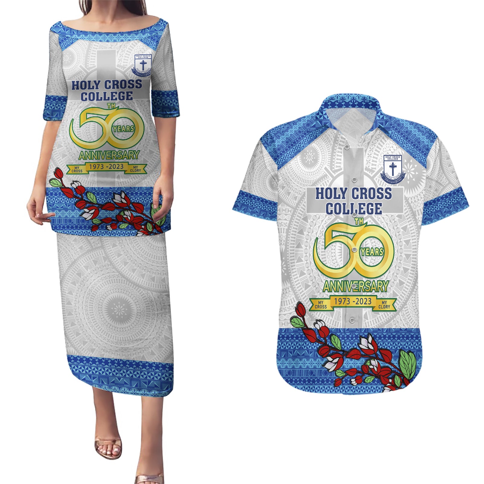 Personalised Fiji Holy Cross College Couples Matching Puletasi Dress and Hawaiian Shirt Happy 50th Anniversary Fijian Tagimoucia Tapa Pattern - Wonder Print Shop