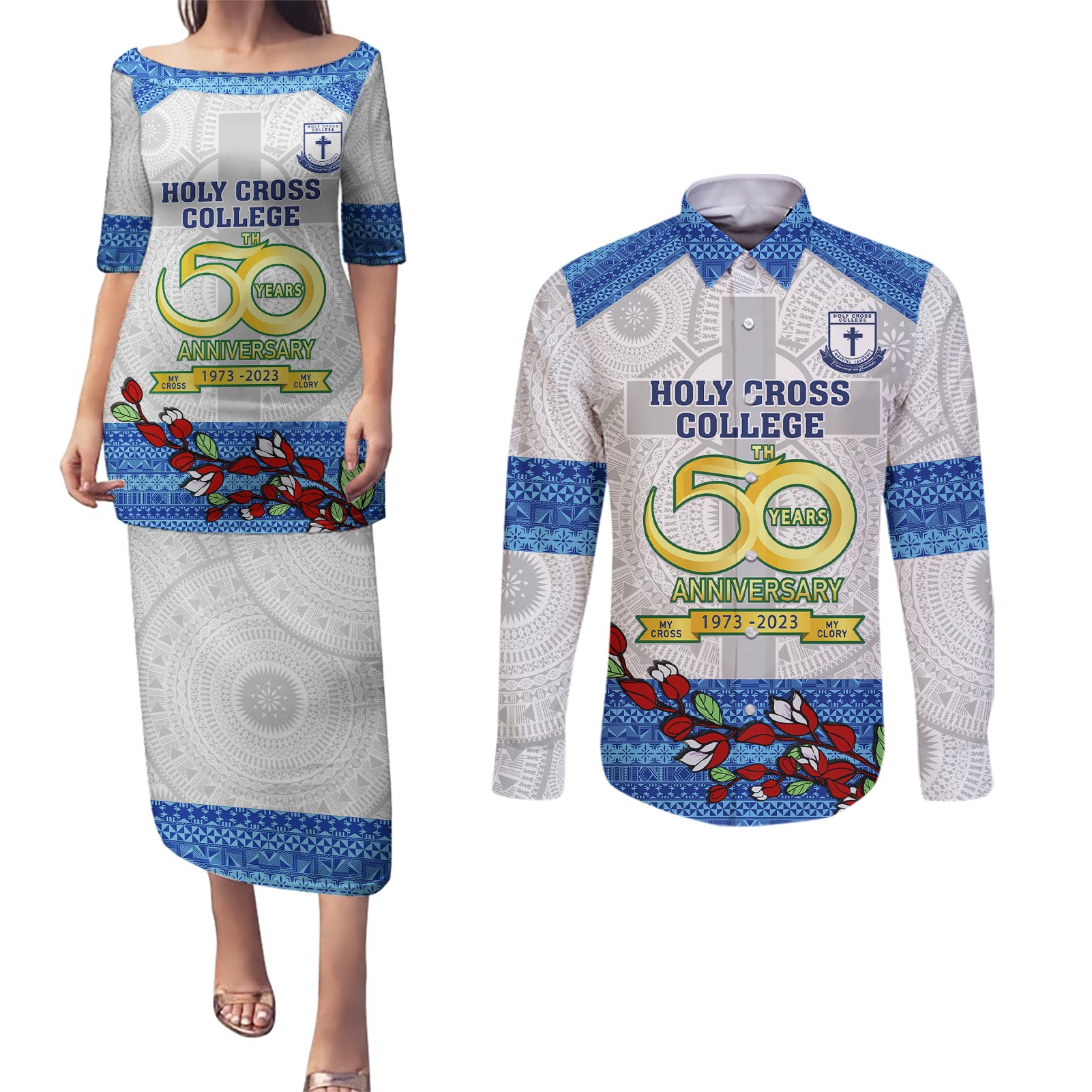 Personalised Fiji Holy Cross College Couples Matching Puletasi Dress and Long Sleeve Button Shirts Happy 50th Anniversary Fijian Tagimoucia Tapa Pattern - Wonder Print Shop