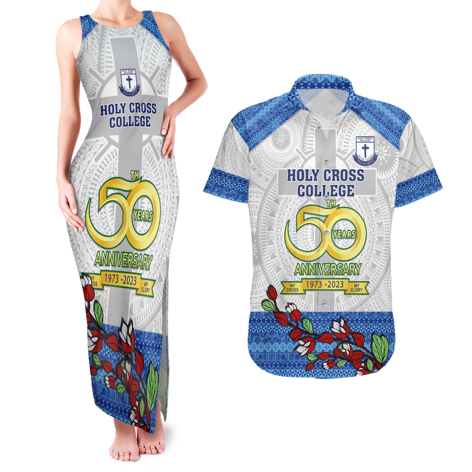 Personalised Fiji Holy Cross College Couples Matching Tank Maxi Dress and Hawaiian Shirt Happy 50th Anniversary Fijian Tagimoucia Tapa Pattern - Wonder Print Shop