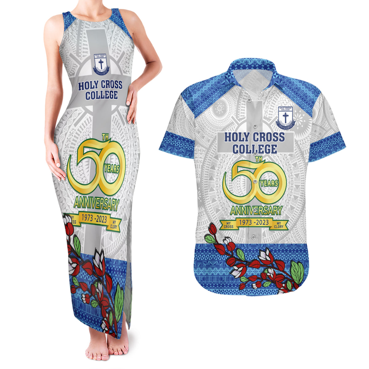 Personalised Fiji Holy Cross College Couples Matching Tank Maxi Dress and Hawaiian Shirt Happy 50th Anniversary Fijian Tagimoucia Tapa Pattern - Wonder Print Shop