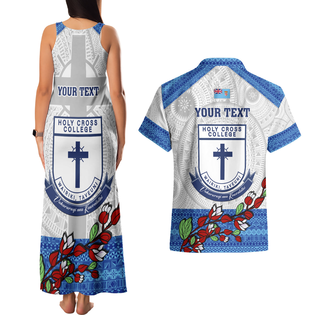 Personalised Fiji Holy Cross College Couples Matching Tank Maxi Dress and Hawaiian Shirt Happy 50th Anniversary Fijian Tagimoucia Tapa Pattern - Wonder Print Shop