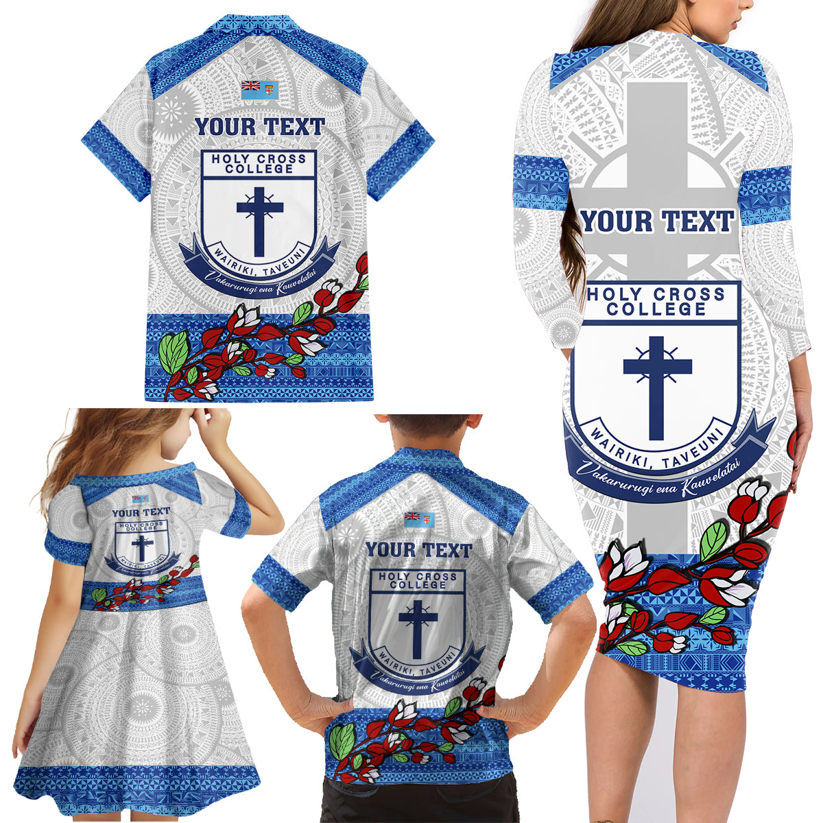 Personalised Fiji Holy Cross College Family Matching Long Sleeve Bodycon Dress and Hawaiian Shirt Happy 50th Anniversary Fijian Tagimoucia Tapa Pattern - Wonder Print Shop