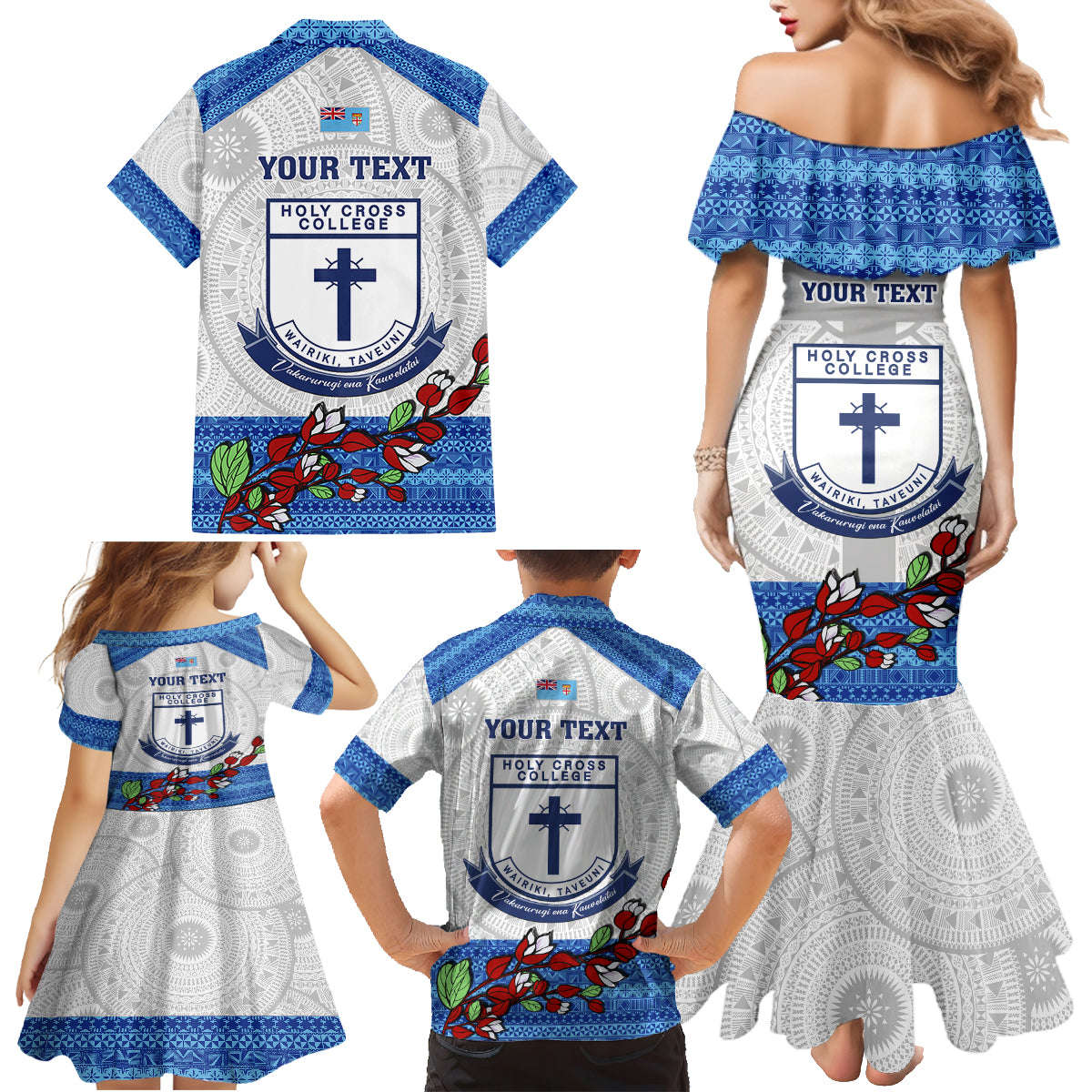Personalised Fiji Holy Cross College Family Matching Mermaid Dress and Hawaiian Shirt Happy 50th Anniversary Fijian Tagimoucia Tapa Pattern - Wonder Print Shop
