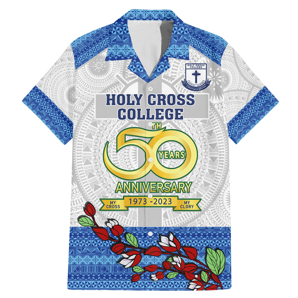 Personalised Fiji Holy Cross College Family Matching Mermaid Dress and Hawaiian Shirt Happy 50th Anniversary Fijian Tagimoucia Tapa Pattern - Wonder Print Shop