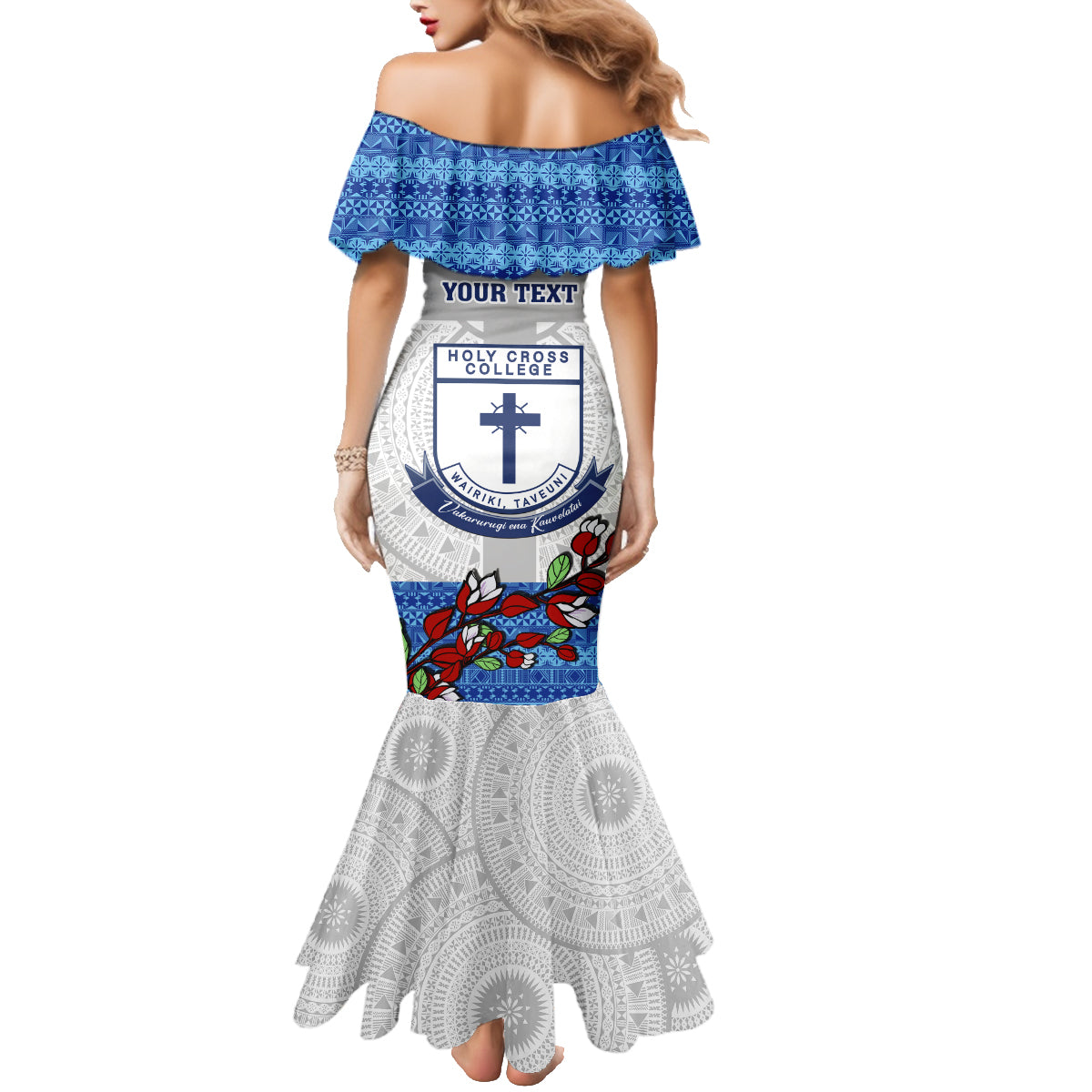 Personalised Fiji Holy Cross College Family Matching Mermaid Dress and Hawaiian Shirt Happy 50th Anniversary Fijian Tagimoucia Tapa Pattern - Wonder Print Shop