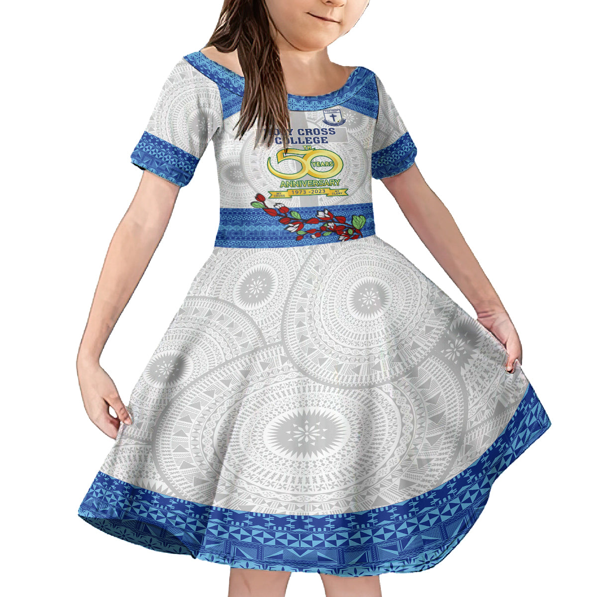 Personalised Fiji Holy Cross College Family Matching Off Shoulder Maxi Dress and Hawaiian Shirt Happy 50th Anniversary Fijian Tagimoucia Tapa Pattern - Wonder Print Shop