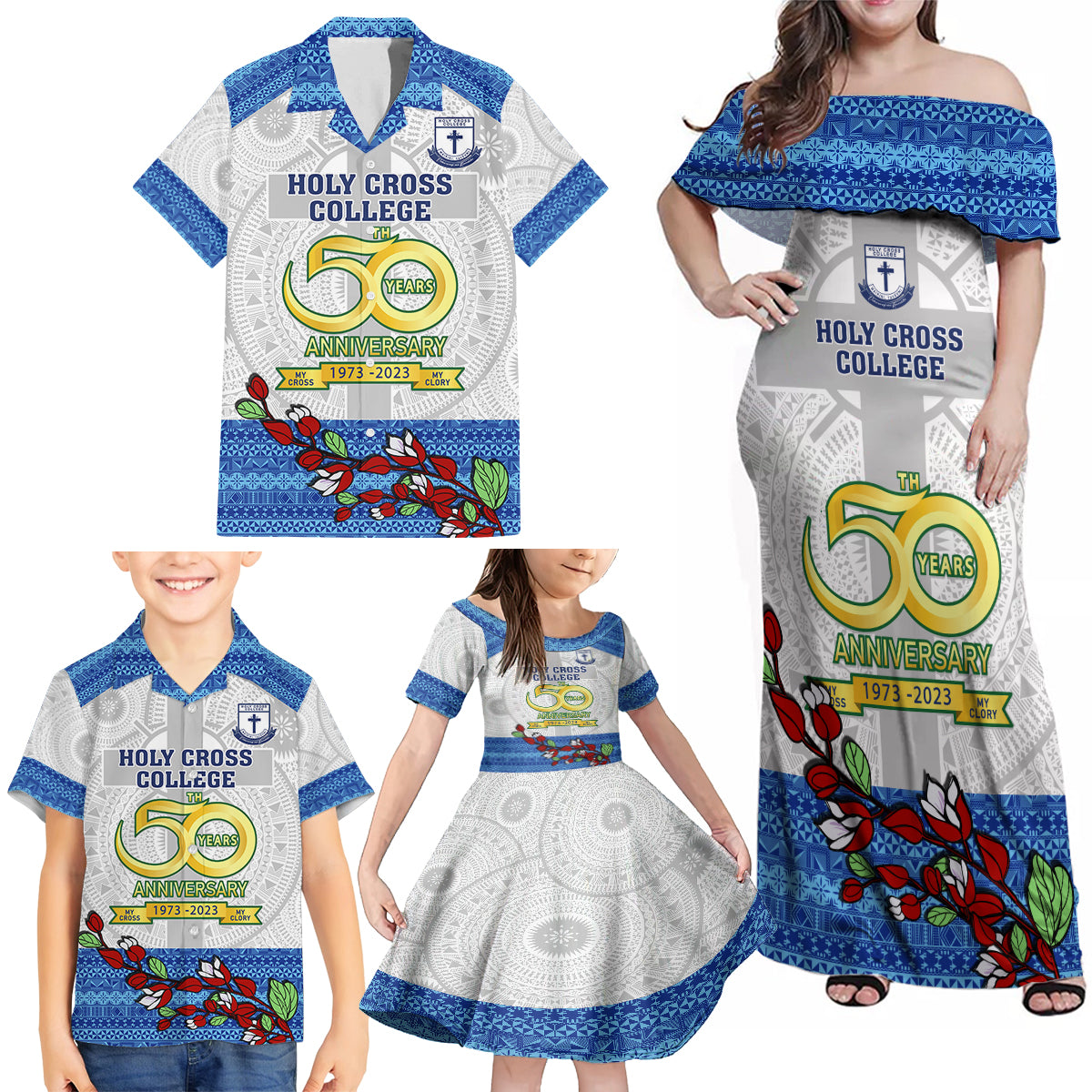 Personalised Fiji Holy Cross College Family Matching Off Shoulder Maxi Dress and Hawaiian Shirt Happy 50th Anniversary Fijian Tagimoucia Tapa Pattern - Wonder Print Shop