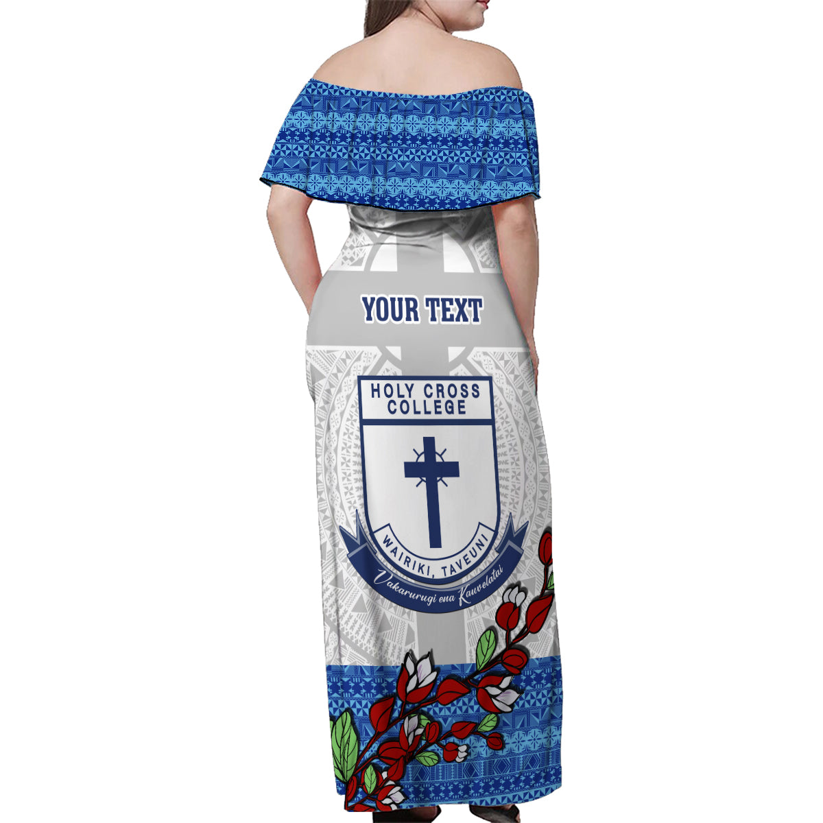 Personalised Fiji Holy Cross College Family Matching Off Shoulder Maxi Dress and Hawaiian Shirt Happy 50th Anniversary Fijian Tagimoucia Tapa Pattern - Wonder Print Shop