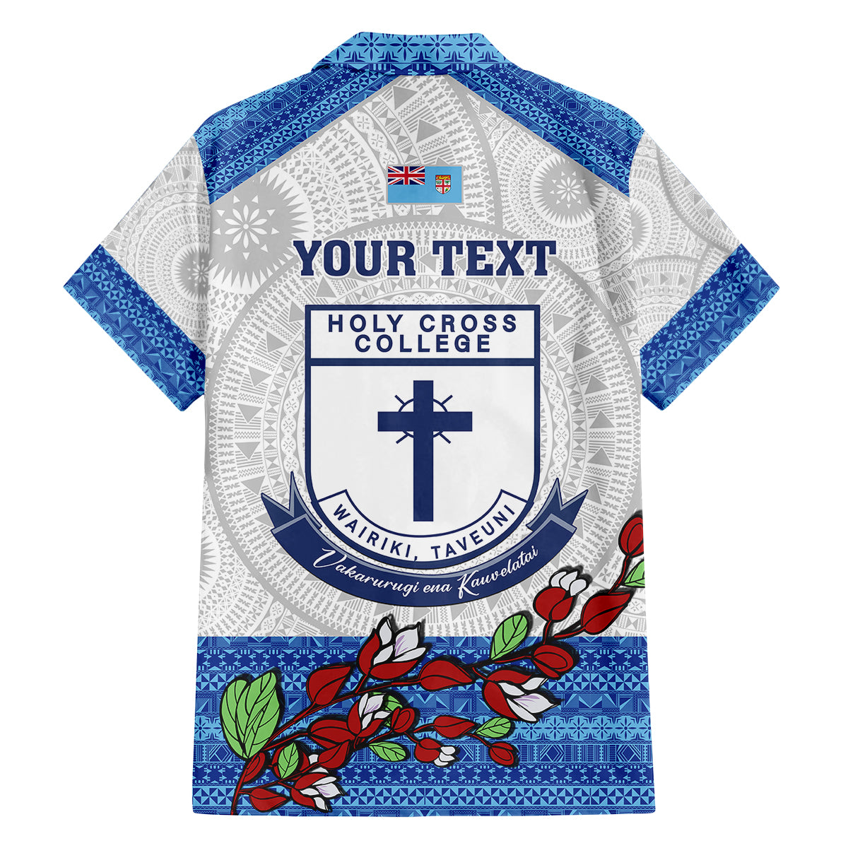 Personalised Fiji Holy Cross College Family Matching Off Shoulder Short Dress and Hawaiian Shirt Happy 50th Anniversary Fijian Tagimoucia Tapa Pattern - Wonder Print Shop
