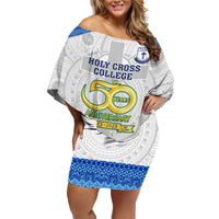 Personalised Fiji Holy Cross College Family Matching Off Shoulder Short Dress and Hawaiian Shirt Happy 50th Anniversary Fijian Tagimoucia Tapa Pattern - Wonder Print Shop
