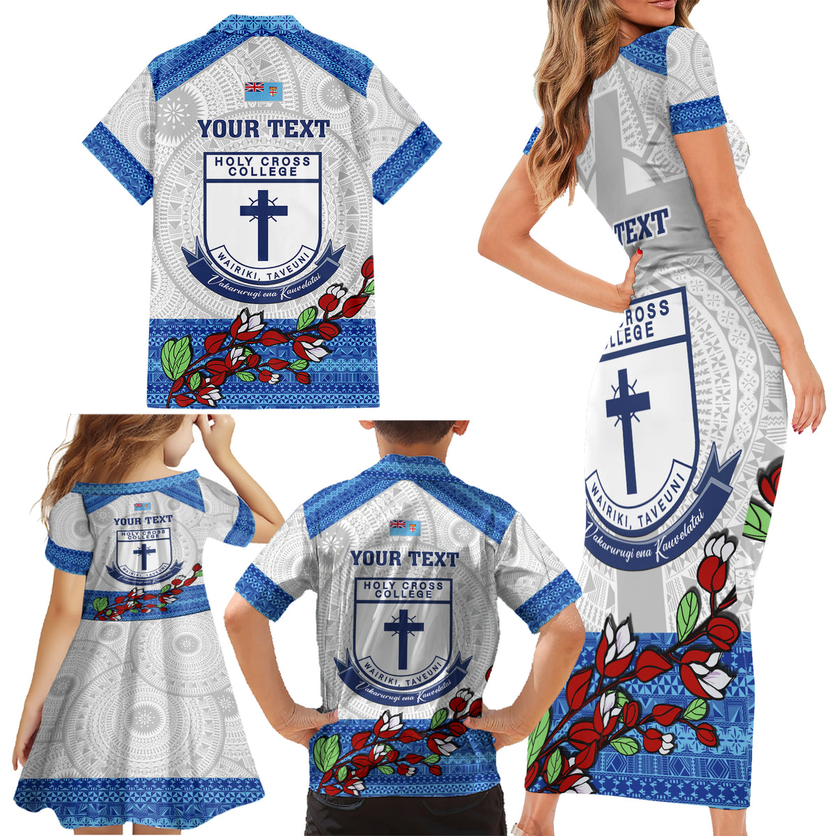 Personalised Fiji Holy Cross College Family Matching Short Sleeve Bodycon Dress and Hawaiian Shirt Happy 50th Anniversary Fijian Tagimoucia Tapa Pattern - Wonder Print Shop