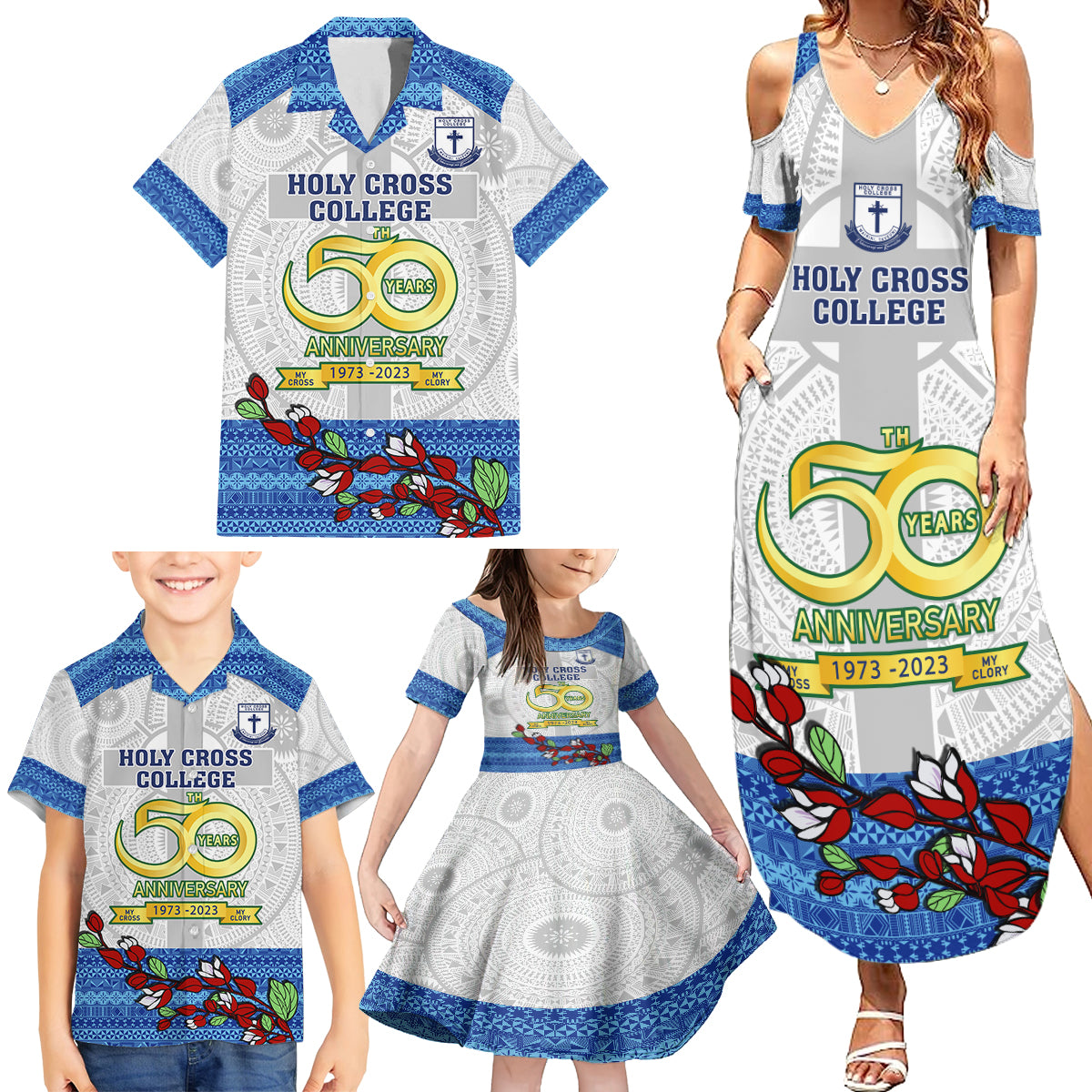 Personalised Fiji Holy Cross College Family Matching Summer Maxi Dress and Hawaiian Shirt Happy 50th Anniversary Fijian Tagimoucia Tapa Pattern - Wonder Print Shop