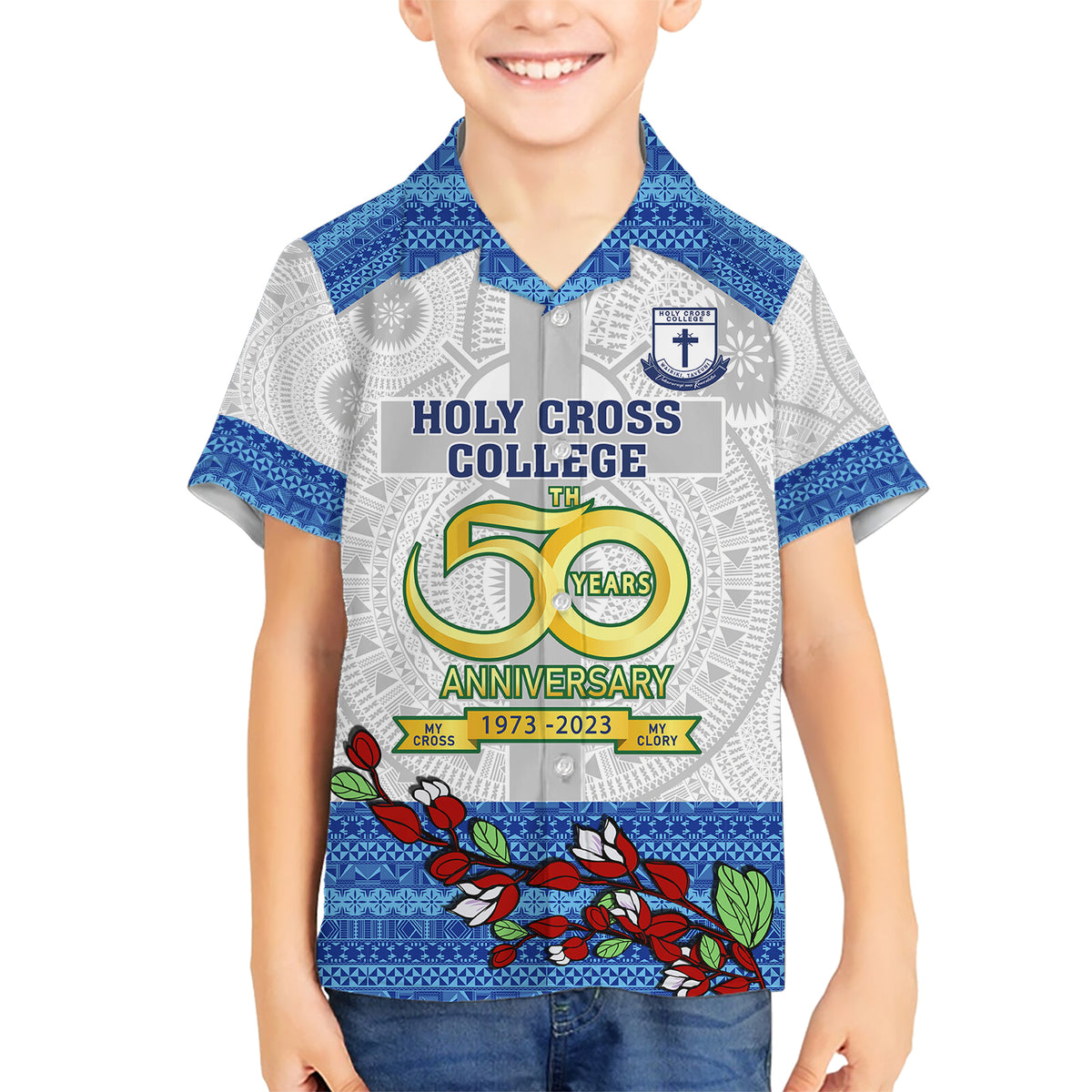Personalised Fiji Holy Cross College Hawaiian Shirt Happy 50th Anniversary Fijian Tagimoucia Tapa Pattern - Wonder Print Shop