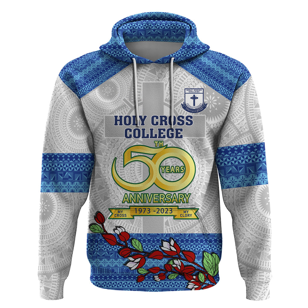 Personalised Fiji Holy Cross College Hoodie Happy 50th Anniversary Fijian Tagimoucia Tapa Pattern - Wonder Print Shop
