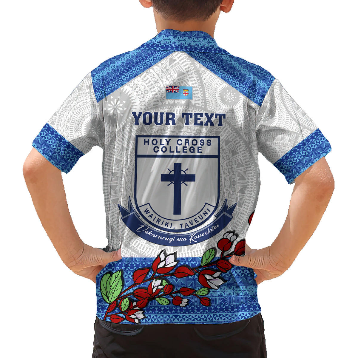 Personalised Fiji Holy Cross College Kid Hawaiian Shirt Happy 50th Anniversary Fijian Tagimoucia Tapa Pattern - Wonder Print Shop
